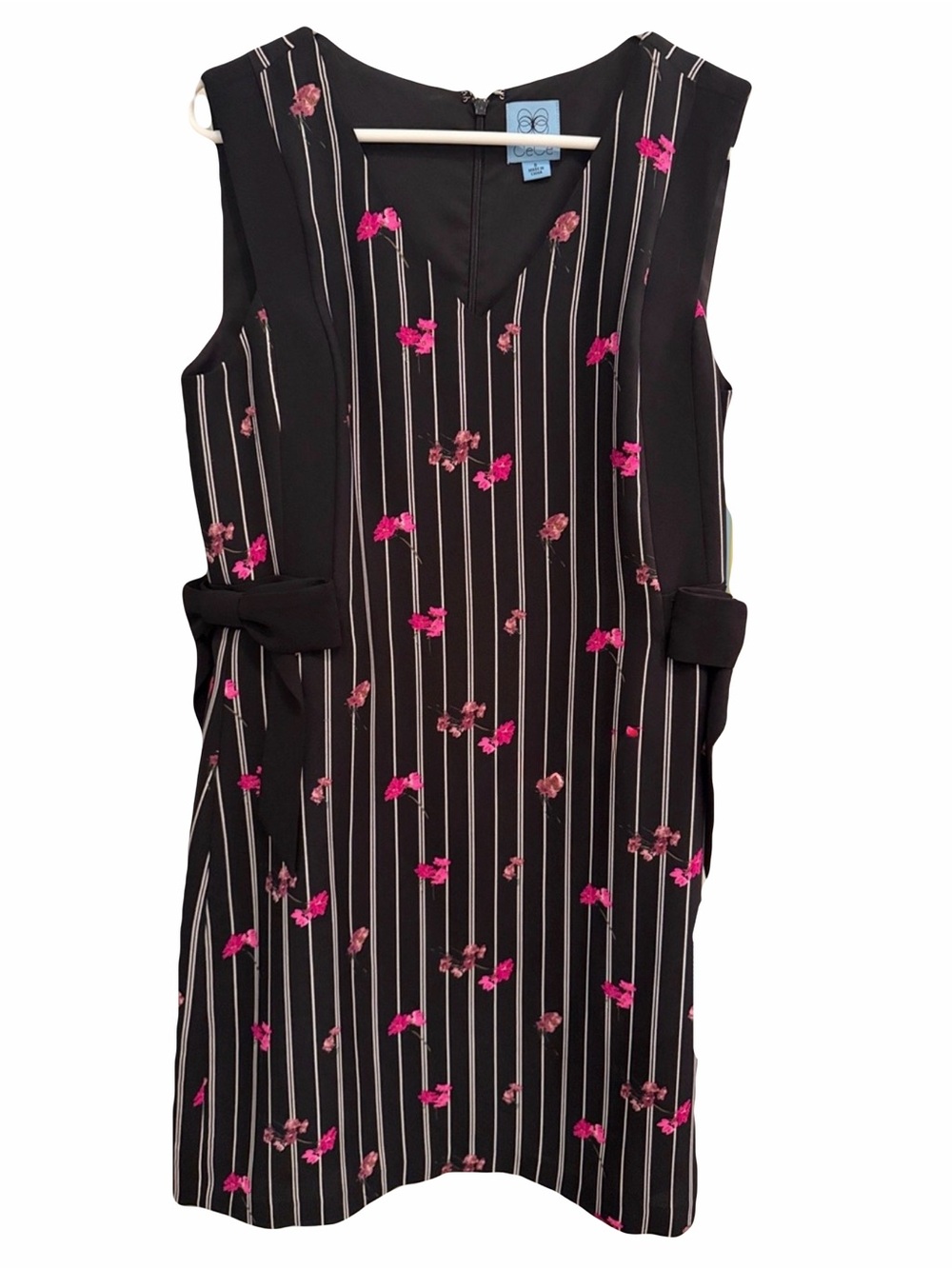 CeCe Black Pinstripe Dress with Pink Floral Print